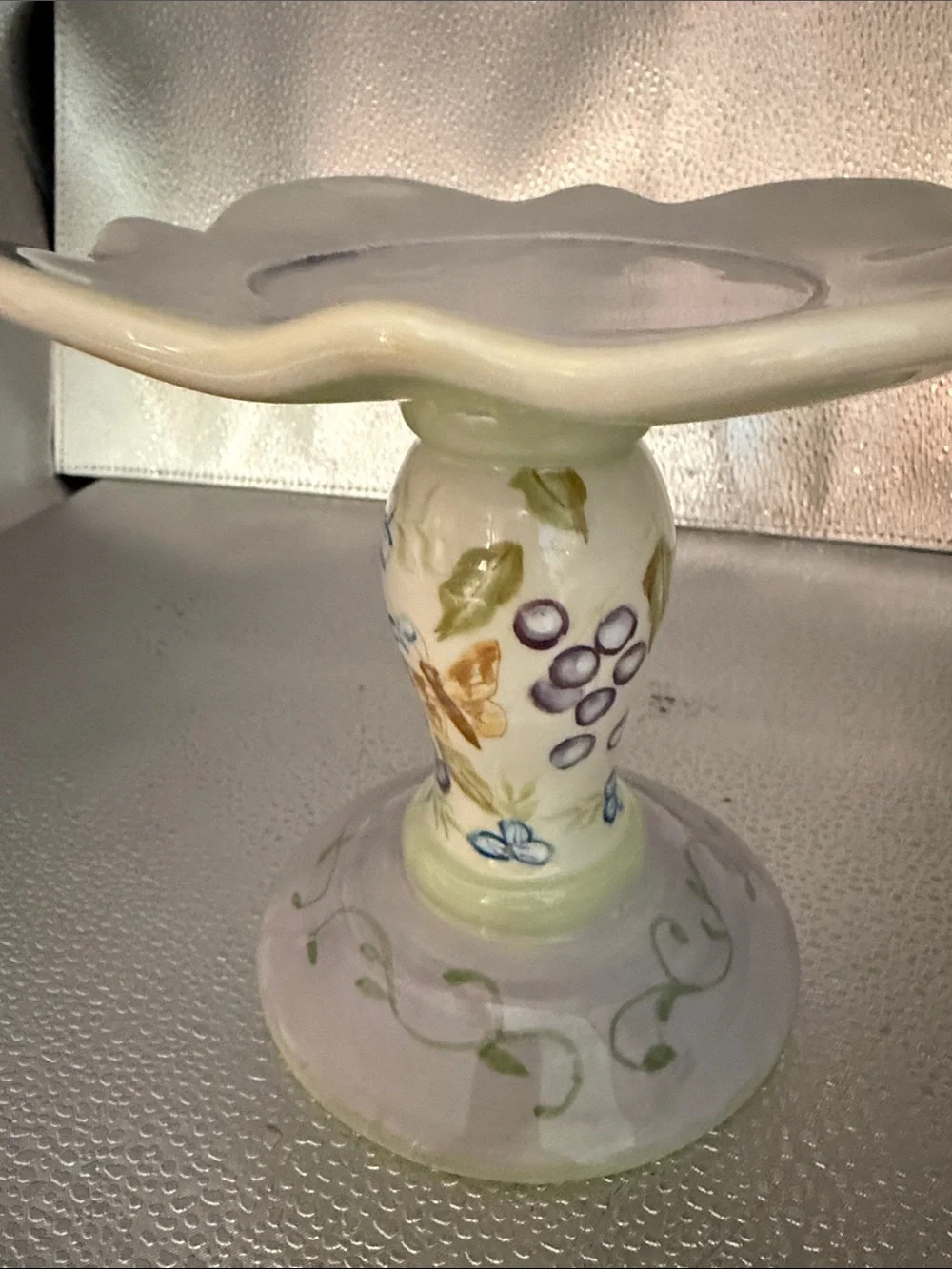 Hand-Painted Floral Ceramic Pillar Candle Holder in Soft Pastels